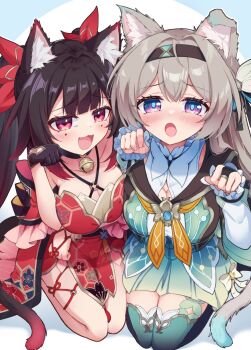 2girls animal_ear_fluff animal_ears bell black_choker black_gloves black_hair black_hairband blush breasts cat_ears cat_girl cat_tail choker cleavage collarbone commentary_request dress firefly_(honkai:_star_rail) gloves gradient_hair green_dress green_thighhighs grey_hair hair_between_eyes hair_ornament hairband highres honkai:_star_rail honkai_(series) japanese_clothes kimono looking_at_viewer medium_breasts mikage_(shibi) multicolored_hair multiple_girls neck_bell neckerchief o-ring o-ring_thigh_strap open_mouth orange_neckerchief paw_pose pink_eyes red_hair red_kimono smile sparkle_(honkai:_star_rail) tail thigh_strap thighhighs twintails