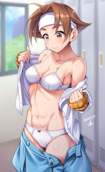 Rule 34 | 1girl, ahoge, bare shoulders, blue skirt, blush, bra, breasts, brown eyes, brown hair, cameltoe, cleavage, closed mouth, collarbone, commentary request, cowboy shot, dated, day, groin, headband, highres, indoors, justice gakuen, locker, locker room, looking down, medium breasts, navel, off shoulder, open clothes, open skirt, panties, parted bangs, school uniform, shiritsu justice gakuen, shirt, short hair, sidelocks, signature, skirt, smile, solo, standing, stomach, taiyou gakuen uniform, thick eyebrows, toned, underwear, undressing, wakaba hinata, white bra, white headband, white panties, white shirt, window, yoohi