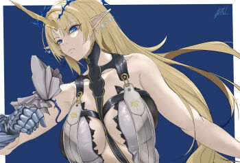 1girl armored_gloves bare_shoulders black_collar black_dress blonde_hair blue_eyes blue_hair breasts closed_mouth collar crown_of_thorns dress earrings fleurdelys_(wuthering_waves) floating_earrings highres horns jewelry large_breasts long_horns looking_at_viewer parted_bangs pointy_ears s54058 simple_background single_horn wuthering_waves yellow_horns