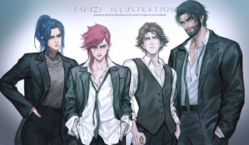 2boys 2girls arcane:_league_of_legends arcane_caitlyn arcane_survivor_jayce arcane_vi bandaged_arm bandages beard black_hair black_jacket black_necktie black_pants black_vest blue_eyes blue_hair brown_hair caitlyn_(league_of_legends) closed_mouth collared_shirt commentary cowboy_shot ear_piercing facial_hair full_beard gradient_background grey_shirt hand_in_pocket hand_on_own_hip hands_in_pockets hashtag-only_commentary high_ponytail highres jacket jayce_(league_of_legends) jewelry lapels league_of_legends long_sleeves looking_at_viewer mole mole_above_mouth multiple_boys multiple_girls necklace necktie notched_lapels open_clothes open_jacket pants piercing pink_hair ponytail rennerdouz shirt simple_background undone_necktie vest vi_(league_of_legends) viktor_(arcane) viktor_(league_of_legends) white_shirt yellow_eyes