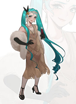1920s_fashion 1girl alternate_costume aqua_eyes aqua_hair bare_shoulders black_gloves black_shoes blush brown_dress closed_mouth commentary cup dress drink drinking_glass earrings english_commentary eyelashes fingerless_gloves full_body gloves hand_on_own_hip hatsune_miku high_heels highres holding holding_cup holding_drink jewelry lips long_hair multiple_necklaces necklace shoes simple_background smile solo standing sunnypoppy twintails very_long_hair vocaloid white_background zoom_layer