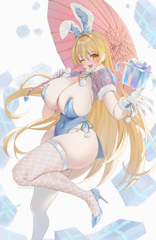 1girl absurdres animal_ear_fluff animal_ears artist_name asymmetrical_legwear blonde_hair blue_bow blue_leotard blush bow box breasts choppy_bangs cleavage commentary covered_navel curvy fake_animal_ears fishnet_thighhighs fishnets floating_hair from_side gift gift_box glint gloves groin hair_between_eyes hair_intakes hand_up heart heart_ornament high_heels highleg highleg_leotard highres holding holding_umbrella huge_breasts leotard long_hair looking_at_viewer mismatched_legwear object_floating_above_hand one_ear_down one_eye_closed open_hand open_mouth original pink_umbrella playboy_bunny pom_pom_(clothes) rabbit_ears see-through_shrug short_sleeves shrug_(clothing) side-tie_leotard sideboob sidelocks simple_background smile solo sparkle standing standing_on_one_leg strapless strapless_leotard symbol-only_commentary thighhighs thighs umbrella very_long_hair white_background white_gloves white_thighhighs yellow_eyes zzo_(chorizzzzo)