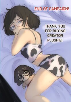 1girl animal_print ass bed breasts brown_eyes brown_hair cow_print creator_(neneneqo) exhausted glasses looking_at_viewer midriff mole mole_on_back mole_on_stomach mole_on_thigh neqo_(neneneqo) shorts sleepy small_breasts solo stuffed_toy thighs