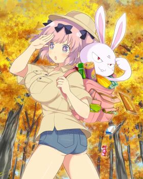 +_+ 1girl :o animal_ears ass autumn autumn_leaves backpack bag bag_of_chips blue_eyes blush bow breasts brown_hat brown_shirt candy candy_wrapper chocolate chocolate_bar claw_mark denim denim_shorts flower-shaped_pupils food forest hair_bow hat headwear_request hibari_(senran_kagura) large_breasts leaf nature ninto_(senran_kagura) non-web_source official_art pink_bag pink_hair pink_pupils plant pose_request pringles_can rabbit rabbit_ears red_eyes searching senran_kagura senran_kagura_new_wave senran_kagura_shoujo-tachi_no_shin&#039;ei shirt short_hair short_shorts short_twintails shorts symbol-shaped_pupils tree twintails