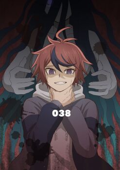 1boy 1girl ahoge asphyxiation black_jacket black_streaks blood blood_splatter blue_eyes grey_jacket grin hair_over_one_eye highres hood hoodie jacket jacket_over_hoodie long_hair looking_at_viewer multicolored_hair multicolored_jacket nude one_eye_covered outstretched_arms purple_eyes reaching reaching_towards_another red_background red_hair self-harm short_hair smile solid_eye spoilers ss_100010 strangling streaked_hair sumino_takumi tearing_up the_hundred_line_-last_defense_academy- two-tone_jacket very_long_hair white_hoodie