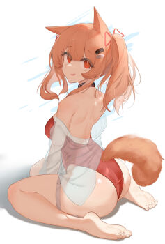 Rule 34 | 1girl, absurdres, angelina (arknights), angelina (summer flower) (arknights), animal ears, aqua collar, arknights, ass, bare back, bare shoulders, barefoot, black collar, breasts, brown hair, chinese commentary, collar, commentary request, fox ears, fox girl, fox tail, from behind, hair ornament, hair ribbon, hairclip, highleg, highleg one-piece swimsuit, highres, infection monitor (arknights), long hair, looking at viewer, medium breasts, multicolored collar, official alternate costume, one-piece swimsuit, open mouth, parallel hairclips, red eyes, red one-piece swimsuit, red ribbon, ribbon, sarea (sarea2020), see-through clothes, simple background, sitting, solo, swimsuit, swimsuit cover-up, tail, thigh strap, thighs, two-tone collar, wariza, white background