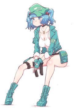 1girl ammunition ammunition_belt armband bad_id bad_pixiv_id belt belt_pouch black_choker blue_boots blue_eyes blue_hair blue_jacket blunt_bangs blush blush_stickers boots breasts choker cleavage covered_erect_nipples fingerless_gloves full_body gloves green_hat gun hair_bobbles hair_ornament handgun hat highres holding holding_gun holding_weapon jacket jewelry kawashiro_nitori key key_necklace looking_ahead necklace no_pants non_(z-art) panties pouch short_hair short_twintails sitting solo tank_top touhou twintails underwear weapon white_background white_panties white_tank_top