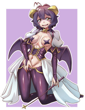 1girl antenna_hair arm_at_side bat_wings breasts cameltoe cape collarbone curled_horns demon_girl dot_nose elbow_gloves excited facial_mark female_focus fingerless_gloves full_body gloves hand_on_own_stomach hiiragi_utena horns kneeling looking_at_viewer lowleg lowleg_pants magia_baiser magical_girl mahou_shoujo_ni_akogarete medium_breasts medium_hair midriff navel open_mouth pants pasties petite purple_background purple_gloves purple_hair purple_pants purple_sash ranka16 sash shaded_face shrug_(clothing) simple_background smile solo star_(symbol) star_pasties teeth two-tone_background two-tone_sash waist_cape white_background white_cape white_shrug wings yellow_eyes yellow_sash