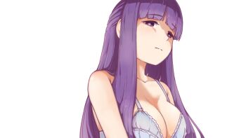 Rule 34 | 1girl, blunt bangs, bra, breasts, cleavage, closed mouth, commentary request, disgust, fern (sousou no frieren), highres, large breasts, long hair, looking at viewer, purple bra, purple eyes, purple hair, simple background, solo, sousou no frieren, sugajyun, underwear, underwear only, upper body, white background
