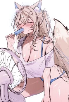 1girl animal_ear_fluff animal_ears blonde_hair blue_panties blush bra_strap breasts brown_tail cleavage closed_eyes commentary cropped_shirt dog_ears dog_girl dog_tail eating electric_fan fanning fanning_breasts fanning_self food food_in_mouth fuwawa_abyssgard hand_up highres holding holding_food holding_popsicle hololive hololive_english hot huge_breasts long_hair loungewear miyuchiq no_pants panties popsicle popsicle_in_mouth shiny_skin shirt shirt_overhang short_sleeves simple_background single_bare_shoulder single_off_shoulder sitting sketch solo sweat t-shirt tail tail_raised two_side_up u_u underwear very_long_hair virtual_youtuber wariza white_background