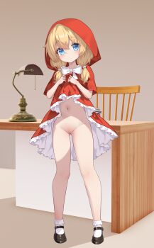 1girl absurdres black_shoes blonde_hair blue_eyes chair clothes_lift desk desk_lamp dress dress_lift full_body gluteal_fold groin highres hood hooded_dress indoors lamp lifting_own_clothes little_red_riding_hood_(fairy_tale) little_red_riding_hood_(fairy_tale_character) loli long_hair looking_at_viewer navel no_panties pussy red_dress red_hood shoes socks solo standing stomach takahashi_yuri_(hfdyzhsr) thighs twintails white_socks