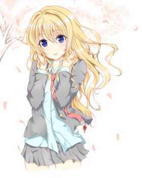 Rule 34 | 1girl, blonde hair, blue eyes, blue shirt, cherry blossoms, closed mouth, commentary request, cropped legs, diagonal-striped clothes, diagonal-striped necktie, falling petals, grey jacket, grey skirt, hair between eyes, jacket, long hair, long sleeves, looking at viewer, miniskirt, miyazono kawori, necktie, open clothes, open jacket, petals, pleated skirt, red necktie, school uniform, shigatsu wa kimi no uso, shirt, sidukisaika, skirt, smile, solo, striped clothes, tree