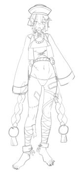 1girl bandaged_leg bandages barefoot bead_necklace beads breasts fukana_miyu_(kokuya28) full_body greyscale hair_between_eyes hair_ornament hat jewelry jiangshi kokuya_(kokuya28) lineart looking_at_viewer lowleg lowleg_panties monochrome navel necklace ofuda ofuda_on_leg ofuda_on_nipples open_mouth original panties pasties qingdai_guanmao sharp_toenails short_hair shrug_(clothing) simple_background sleeves_past_fingers sleeves_past_wrists small_breasts solo stitches toenails underwear x_hair_ornament