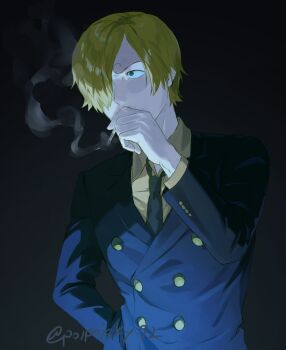Rule 34 | 1boy, absurdres, artist name, blonde hair, cigarette, curly eyebrows, facial hair, goatee, highres, holding, holding cigarette, male focus, mustache stubble, one piece, poipoisky72, sanji (one piece), signature, smoking, solo, stubble, twitter username