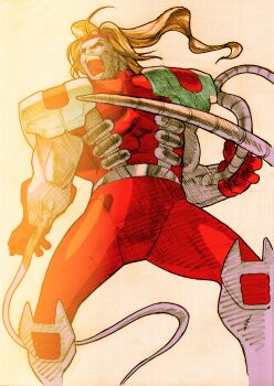 Rule 34 | 1boy, absurdres, angry, armor, bengus, blonde hair, bodysuit, capcom, colored skin, floating hair, from below, game cg, grey skin, headband, highres, long hair, looking to the side, male focus, marvel, marvel vs. capcom, marvel vs. capcom 2, mechanical tentacles, muscular, muscular male, non-web source, official art, omega red, omega symbol, open mouth, ponytail, red bodysuit, red eyes, red headband, scan, shoulder armor, sidelighting, solo, soviet, teeth, x-men, zombie