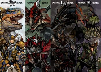 2boys 2girls armor belt belt_pouch blue_eyes breastplate capcom copyright_name deviljho deviljho_(armor) dragon full_armor gauntlets greatsword greaves green_eyes grey_hair gunlance hammer helmet holding holding_shield holding_sword holding_weapon huge_weapon knight kushala_daora kushala_daora_(armor) looking_at_viewer looking_away mask monster_hunter_(series) multiple_boys multiple_girls pauldrons pouch rathalos rathalos_(armor) sharp_teeth shield shoulder_armor smile snout spikes sword teeth tigrex tigrex_(armor) weapon wyvern yellow_eyes zuqling