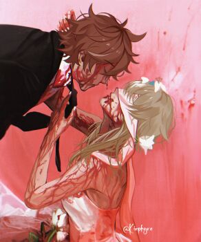 1boy 1girl absurdres blindfold blonde_hair blood blood_on_clothes blood_on_face closed_eyes commentary couple dress english_commentary flower formal_clothes genshin_impact hair_flower hair_ornament hetero highres kinphyre lumine_(genshin_impact) orange_hair suit tartaglia_(genshin_impact) watermark white_dress