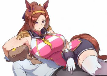 Rule 34 | 1boy, 1girl, :/, absurdres, alternate breast size (larger), animal ears, armpits, black pants, black sailor collar, black shorts, breasts, brown hair, brown tail, bulge, bulge press, bulges touching, closed mouth, commentary, dark-skinned male, dark skin, ear ornament, epaulettes, erection, erection under clothes, flower-shaped pupils, gloves, gold hairband, hairband, highres, horse ears, horse girl, horse tail, huge breasts, licking, licking armpit, long hair, neckerchief, pants, pink eyes, pink shirt, ponytail, sailor collar, sailor shirt, sakura bakushin o (blossom in learning) (umamusume), sakura bakushin o (umamusume), saliva, saliva trail, shirt, shorts, simple background, sleeveless, sleeveless shirt, steaming body, sweat, symbol-shaped pupils, t-head trainer (umamusume), tail, tetsunana, thighhighs, thighs, tongue, tongue out, trainer (umamusume), umamusume, white background, white gloves, white shirt, white thighhighs, yellow neckerchief