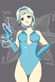 Rule 34 | 1990s (style), 1girl, beruche (sailor moon), bishoujo senshi sailor moon, bishoujo senshi sailor moon r, black moon clan, blue eyes, blue hair, braid, breasts, choker, crescent, crescent facial mark, earrings, facial mark, female focus, forehead mark, gloves, hand on own hip, hip focus, ice, jewelry, large breasts, leotard, long hair, magic, matching hair/eyes, moon, parted bangs, retro artstyle, smile, solo, swimsuit, whiterobin