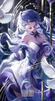 1girl absurdres bare_shoulders bird blue_eyes blue_hair blurry blurry_foreground blush breasts commentary cowboy_shot dress earrings english_commentary feather_boa feathers floating_hair gloves hair_intakes halo hand_up head_wings highres honkai:_star_rail honkai_(series) jewelry long_hair looking_at_viewer medium_breasts musical_note_ornament open_mouth purple_dress robin_(honkai:_star_rail) sha_(euiorn) solo strapless strapless_dress two-tone_dress white_bird white_dress white_feathers white_gloves wings