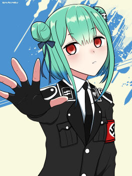 1girl absurdres alternate_costume armband black_gloves black_necktie blush breasts commentary double_bun english_commentary fingerless_gloves gloves green_hair hair_between_eyes hair_bun hair_ornament hair_ribbon highres hololive koalakanru long_hair long_sleeves looking_at_viewer nazi necktie outstretched_arm red_armband red_eyes ribbon short_hair siegrunen skull_hair_ornament ss_insignia ss_uniform swastika uruha_rushia virtual_youtuber waffen-ss