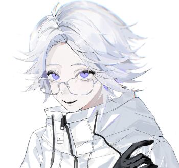 1boy aotsuki_eito black_gloves chinese_commentary commentary_request drawstring fulu_bu_xunqiao glasses gloves grey_hair grin hand_up highres jacket looking_at_viewer looking_over_eyewear male_focus portrait purple_eyes short_hair simple_background smile solo teeth the_hundred_line_-last_defense_academy- upper_teeth_only white_background white_jacket zipper_pull_tab