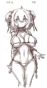 Rule 34 | 1girl, absurdres, alternate costume, bandaged arm, bandages, bikini, breasts, bun cover, chain, choker, commentary, cuffs, double bun, greyscale, hair between eyes, hair bun, highres, ibaraki kasen, korean commentary, korean text, large breasts, looking at viewer, medium hair, monochrome, navel, rampa93, shackles, solo, stomach, swimsuit, touhou, translation request