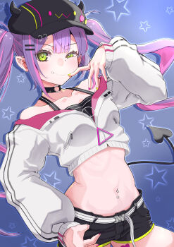 1girl absurdres barbell_piercing baseball_cap belt black_choker black_hat black_shorts black_tank_top blue_background blush breasts center-flap_bangs choker colored_inner_hair commentary cowboy_shot crop_top cropped_jacket demon_tail double-parted_bangs ear_piercing fake_horns fang fang_out finger_to_mouth green_eyes hair_between_eyes hair_ornament hairclip hat highres hip_bones hololive horned_headwear horns industrial_piercing jacket long_hair long_sleeves looking_at_viewer midriff multicolored_hair multicolored_nails nail_polish namiki_jugo narrow_waist navel navel_piercing o-ring o-ring_choker parallel_hairclips piercing pink_hair pink_nails pointy_ears purple_hair ribs short_shorts shorts sidelocks small_breasts smug solo spike_piercing star_(symbol) star_symbol_background stomach streaked_hair tail tank_top thumb_in_pocket tokoyami_towa tokoyami_towa_(1st_costume) twintails two-tone_hair virtual_youtuber white_belt white_jacket wide_hips yellow_nails