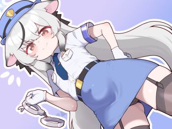 1girl absurdres alternate_costume animal_ears black_hair black_panties black_thighhighs blue_archive blue_necktie blue_skirt cuffs garter_straps gloves grey_hair halo hat highres kokona_(blue_archive) lk149 loli long_hair multicolored_hair necktie panties police police_hat police_uniform policewoman shirt short_sleeves skirt solo streaked_hair thighhighs underwear white_gloves