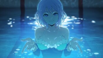 1girl absurdres bikini blue_bikini blue_eyes blue_hair boku_no_hero_academia breasts chainsaw_man closed_mouth hado_nejire highres i&#039;ll_teach_you_everything_(chainsaw_man) kyochakocchis large_breasts looking_at_viewer partially_submerged scene_reference smile solo swimsuit wet wet_hair