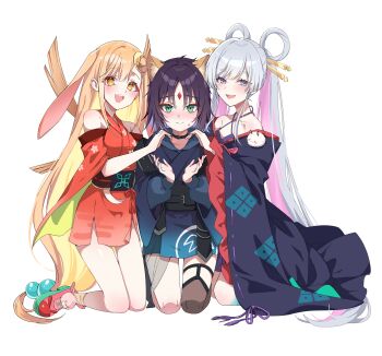 Rule 34 | 3girls, :d, absurdres, animal ears, bare shoulders, black choker, black kimono, blonde hair, blue hoodie, blush, cho kaguya-hime!, choker, commentary, crescent, crescent hair ornament, eyeshadow, forehead jewel, fox ears, frilled sleeves, frills, full body, fushi (cho kaguya-hime!), green eyes, grey hair, hair ornament, hair rings, hair stick, heart, heart hands, heart hands trio, highres, hood, hoodie, japanese clothes, kaguya (cho kaguya-hime!), kimono, kneeling, long hair, long sleeves, looking at viewer, lop rabbit ears, makeup, multiple girls, nose blush, open mouth, parted bangs, picter, pink shoes, purple hair, rabbit ears, red eyeshadow, red kimono, runami yachiyo, sakayori iroha, shoes, short hair, smile, sneakers, sweatdrop, twintails, untranslatable commentary, very long hair, white background, yellow eyes
