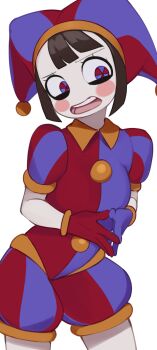 1girl asymmetrical_gloves black_hair blue_eyes blue_gloves blush_stickers colored_skin gloves hat hat_bell highres jester jester_cap mismatched_gloves multicolored_eyes multicolored_hat open_mouth pomni_(the_amazing_digital_circus) red_eyes red_gloves solo the_amazing_digital_circus two-tone_eyes two-tone_sash white_background white_skin yoako