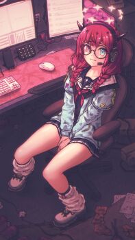 1girl absurdres aqua_jacket between_legs black_sailor_collar black_serafuku black_shirt black_skirt blue_eyes braid commentary computer_keyboard computer_mouse double-parted_bangs from_above full_body glasses grin hair_over_shoulder halo hand_between_legs headset heterochromia highres hololive hololive_english horns indoors irys_(gaming_casual)_(hololive) irys_(hololive) jacket layered_sleeves long_hair long_sleeves looking_at_viewer loose_socks low_twin_braids low_twintails messy_room miniskirt monitor multiple_monitors neckerchief official_alternate_costume official_alternate_hairstyle parted_lips pink_eyes pleated_skirt red_hair red_neckerchief round_eyewear sailor_collar school_uniform serafuku shirt shoes short_over_long_sleeves short_sleeves sitting skirt smile sneakers socks solo twin_braids twintails v_arms vertical_monitor virtual_youtuber vorisar white_socks