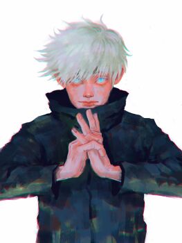 1boy blue_eyes chromatic_aberration closed_mouth eyelashes gojou_satoru hellpasso high_collar highres jujutsu_kaisen jujutsu_tech_uniform looking_at_viewer male_focus short_hair simple_background solo upper_body white_background white_hair