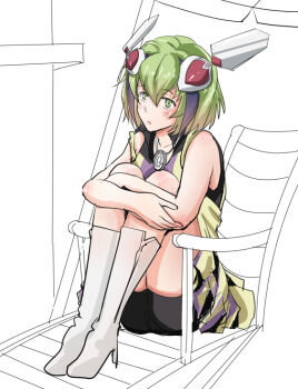 1girl android boots chair coil_(dimension_w) commentary_request crossed_arms dimension_w dress green_eyes green_hair jewelry knees_to_chest looking_at_viewer monochrome_background multicolored_hair necklace on_chair robot_girl short_hair shorts simple_background sitting solo tentenkingyo two-tone_hair white_background white_boots yellow_dress yurizaki_mira