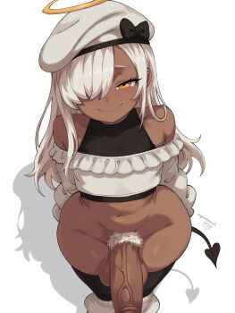Rule 34 | 1boy, 2026, argonchann, artist name, aru (argonchann), bare shoulders, beret, black shirt, black thighhighs, bottomless, closed mouth, collarbone, commentary, crop top, crossdressing, crossdressing (mtf), dark-skinned male, dark skin, dated, demon tail, english commentary, excessive pubic hair, frilled shirt, frills, groin, hair over one eye, hair over shoulder, half-closed eyes, halo, hat, highres, layered shirt, leg warmers, light blush, long hair, looking at viewer, loose socks, male focus, male pubic hair, navel, off-shoulder shirt, off shoulder, orange eyes, original, parted bangs, pear-shaped figure, penis, pubic hair, pubic hair peek, shadow, shirt, sidelighting, signature, simple background, sleeveless, sleeveless shirt, smile, socks, socks over thighhighs, solo, tail, testicles, thick thighs, thighhighs, thighs, thong, traditional halo, trap, veins, veiny penis, very long hair, white background, white hair, white hat, white leg warmers, white pubic hair, wide hips, yellow halo