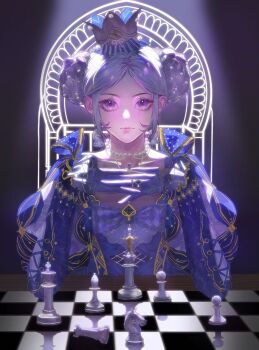 Rule 34 | 1girl, bead choker, beads, black background, chair, chess piece, chessboard, chinese commentary, choker, closed mouth, collared dress, commentary request, crown, double bun, dress, elbows on table, expressionless, eyelashes, fishnets, gloves, glowing, glowing eyes, grey hair, hair beads, hair bun, hair ornament, high collar, highres, infinity nikki, interlocked fingers, juliet sleeves, lipstick, long sleeves, looking at viewer, makeup, mini crown, nikki (series), on chair, own hands together, pink lips, puffy sleeves, purple dress, purple eyes, purple gloves, queen, short hair, sitting, sleeves past wrists, solo, spotlight, square neckline, the queen's move (infinity nikki), tuilihuanghoulingmuyuanzi, upper body, white choker, white crown