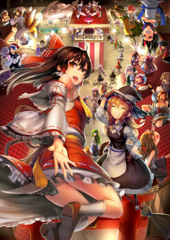 6+girls absurdres alcohol alice_margatroid animal_ears apron ass black_hair blonde_hair blue_eyes blue_hair blush bored bottle breasts broom brown_eyes chen cirno cleavage closed_eyes clownpiece daiyousei drunk eating flandre_scarlet floating flying food fujiwara_no_mokou green_eyes hakurei_reimu hat highres hijiri_byakuren hinanawi_tenshi horns ibuki_suika izayoi_sakuya japanese_clothes kijin_seija kimono kirisame_marisa kochiya_sanae komeiji_koishi komeiji_satori konpaku_youmu large_breasts long_hair looking_back medium_breasts mononobe_no_futo moriya_suwako multiple_girls nazrin night open_mouth patchouli_knowledge pink_hair purple_hair red_eyes reisen_udongein_inaba remilia_scarlet saigyouji_yuyuko scottie shameimaru_aya shoes short_hair single_horn skirt sleepy smile soga_no_tojiko soles sukuna_shinmyoumaru tail teeth toramaru_shou touhou tsukumo_benben unzan wings witch witch_hat yakumo_ran yakumo_yukari