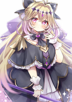 1girl antenna_hair backlighting black_bow black_capelet black_dress blonde_hair blush bow braid brooch capelet closed_mouth commentary cowboy_shot cure_arcana_shadow diamond_hairband dot_mouth dot_nose dress expressionless gradient_hair hair_bow hair_intakes heart heart_brooch highres holding holding_staff jewelry kanataww layered_dress long_hair looking_at_viewer meitantei_precure! moria_luluka multicolored_hair pink_hair precure purple_eyes purple_veil simple_background solo staff standing tear_arcana_rod veil white_background white_wrist_cuffs wrist_cuffs