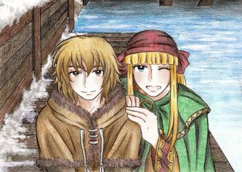 2boys bandana blonde_hair blue_eyes blunt_bangs brown_hair canute closed_mouth darkrainbowtear eyelashes fur_trim hands_on_another's_shoulders hood long_hair looking_at_viewer male_focus multiple_boys one_eye_closed open_mouth ornament outdoors prince sidelocks smile snow thorfinn tongue viking vinland_saga water wink