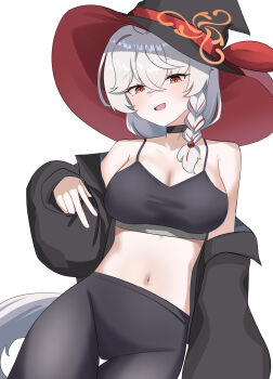 1girl absurdres black_choker black_coat black_sports_bra blue_archive breasts choker cleavage coat commentary_request eri_(blue_archive) halo hat highres korean_commentary large_breasts long_hair looking_at_viewer midriff navel open_mouth orange_eyes orange_halo pants sabnak66 simple_background solo sports_bra tight_clothes tight_pants very_long_hair white_background white_hair witch_hat workout_clothes yoga_pants