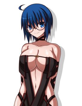 1girl absurdres ahoge black_dress blue_eyes blue_hair blush breasts ciel_(tsukihime) cosplay dress fate/grand_order fate_(series) glasses highres large_breasts navel sakurello tsukihime tsukihime_(remake) yu_mei-ren_(fate) yu_mei-ren_(fate)_(cosplay)