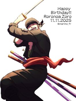 Rule 34 | 1boy, bandana, birthday, black bandana, black pants, black shirt, character name, commentary, dated, earrings, english commentary, feet out of frame, fighting stance, glint, gold earrings, green hair, hand on own arm, happy birthday, haramaki, highres, holding, holding sword, holding weapon, jewelry, katana, looking at viewer, male focus, marimo fr, multiple swords, one eye closed, one piece, open mouth, pants, red sash, roronoa zoro, sash, scar, scar across eye, scar on face, sheath, sheathed, shirt, short hair, simple background, solo, sword, twitter username, weapon, white background
