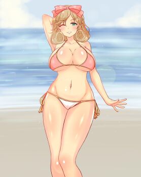 1girl beach breasts brown_hair cloud green_eyes haruka_(senran_kagura) kotavandeven large_breasts medium_hair ocean one_eye_closed sand senran_kagura teeth water wink