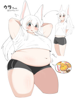 1girl animal_ears arms_behind_back arms_behind_head arrow_(symbol) black_shorts blush breasts cake closed_mouth commentary_request cowboy_shot cropped_legs donut fat fat_woman food fruit hair_between_eyes highres long_hair medium_breasts multiple_views navel notice_lines okome8711 original pancake parted_lips pizza rabbit_ears red_eyes shirt short_sleeves shorts simple_background speech_bubble spoken_food strawberry strawberry_shortcake sweatdrop t-shirt tareme thick_arms thick_thighs thighs translation_request twitter_username ura_(nimo_(b45ui)) weight_gain white_background white_hair white_shirt