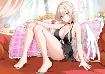 1girl angel_wings babydoll barefoot black_babydoll black_choker black_nails blue_archive breasts brown_hair choker commentary_request flower halo konka large_breasts long_hair looking_at_viewer nagisa_(blue_archive) orange_flower orange_rose pillow pink_flower pink_rose rose smile solo thighs toenails toes very_long_hair white_halo wings yellow_eyes yellow_flower yellow_rose