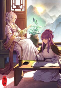 2girls alternate_costume alternate_hairstyle book bow-shaped_hair calligraphy_brush chinese_clothes chinese_text commentary_request dress fern_(sousou_no_frieren) flower_pot frieren hair_ornament hanfu highres indoors inkwell long_sleeves mountain multiple_girls paintbrush paper plant pointy_ears potted_plant purple_eyes purple_hair qixiong_ruqun scroll shawl sitting sousou_no_frieren sun table vase white_dress writing xiaojirushidesixixianniao yuanlingpao