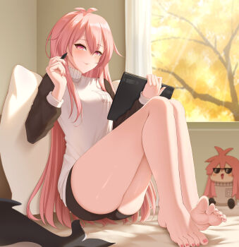 1girl absurdres barefoot blush feet highres hui_yu long_hair looking_at_viewer mumble_(shachimu) original pink_eyes pink_hair smile soles stylus tablet_pc toes