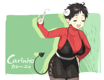 1girl belt black_dress black_hair breasts closed_eyes conto cowboy_shot curled_horns demon_girl demon_tail dera_(conto) dress earrings facing_viewer halterneck hand_on_own_hip hand_up high_collar horns jewelry large_breasts mole mole_under_eye open_mouth original pantyhose pointy_ears red_sweater ribbed_sweater sheep_horns short_dress short_hair sleeveless sleeveless_dress sleeves_past_wrists smile sphere_earrings sweater tail turtleneck turtleneck_sweater u_u wagging_finger white_belt