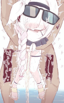 1boy 1girl absurdres bikini black_bikini blue_archive blush braid breasts cum cum_overflow hairband hanging_legs hetero highres loli long_hair niss_oekaki plana_(blue_archive) sex small_breasts sunglasses swimsuit white_hair